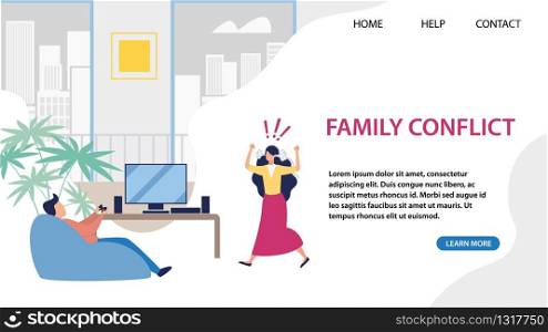 Landing Page for Service Offer Solve Family Conflict. Psychological Help Support to Get Couple Relationship Back on Track. Angry Wife Shouting on Calm Husband Playing Video Games Vector illustration. Landing Page for Service Solving Family Conflict