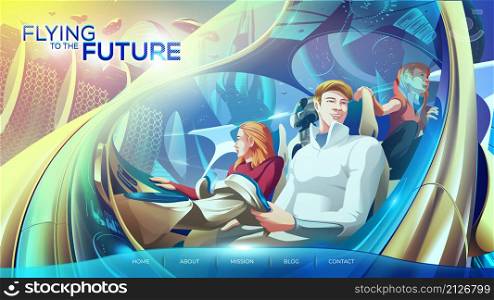 landing page in vector illustration of a family in the flying car. They are traveling in a futuristic city and feel stunning with the modern scenery of the city.