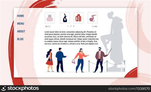 Landing Page Inviting to Visit Ancient Historical Antique Museum. Group Visitors Listening to Guide Looking at Exposure Statue. History Artifacts Totems Collection Presentation. Vector Illustration
