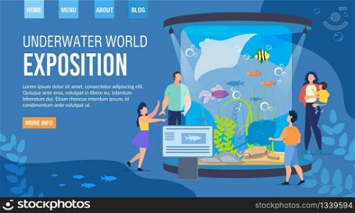 Landing Page Inviting Visit Underwater World Exposition. Invitation to Event Aquarium Family Weekends. Parents with Kids Enjoy Watching Exhibits. Recreation at Oceanarium. Vector Illustration