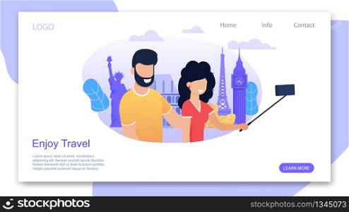 Landing Page Motivating to Enjoy Travel. Summertime Vacation. Happy Cartoon Couple Taking Selfie with European Landmarks. Vector Flat Illustration. Advertising Banner for Online Travel Agency. Landing Page Motivating to Enjoy Travel in Summer