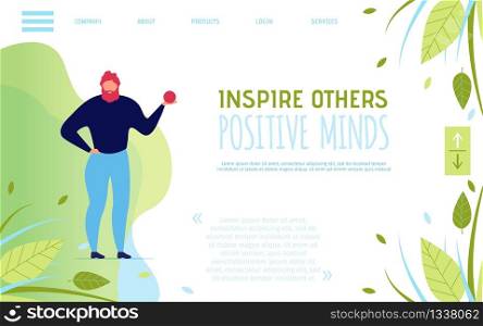 Landing Page Motivating to Think Positive and Inspire Others. Flat Banner Template with Menu, Place for Inspirational Text and Man Cartoon Character. Vector Illustration with Foliage Design. Landing Page Template Motivating to Think Positive
