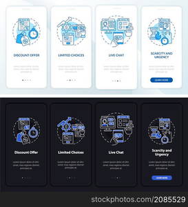 Landing page night and day mode onboarding mobile app screen. Ads walkthrough 4 steps graphic instructions pages with linear concepts. UI, UX, GUI template. Myriad Pro-Bold, Regular fonts used. Landing page night and day mode onboarding mobile app screen