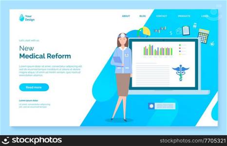 Landing page of a new medical reform. A woman doctor is standing near the laptop with chart report. Symbol of medicine. Doctor with forehead mirror and clipboard. Medical insurance. New clinic law. Conception of new medical reform. Landing page of site with doctor female and laptop screen