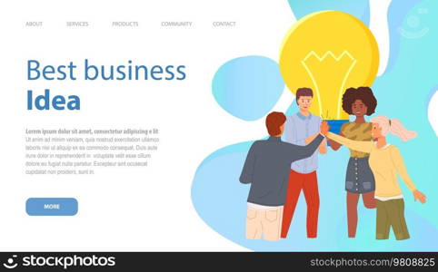 Landing page of business website. Best business idea webpage. Cohesive colleagues stand and discuss creative solutions and ideas. Co working people, team giving high five to each other, greeting. Co working people, team giving high five to each other, greeting. Best business idea website