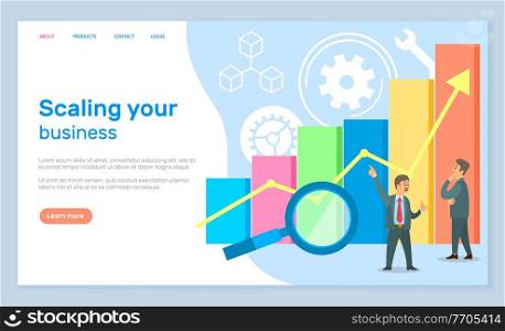 Landing page of business website. Scaling your business. Increase earnings. Investor telling about strategy. Businessman listening partner. Growing graphic with magnifying glass at background. Landing page of business website, scaling your business, investor telling businessman about strategy