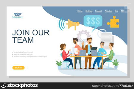 Landing page of business website. Slogan Join the team. Cohensive people discuss financial solutions and idea on big megaphone background, conceptual gear, blue cloud with dollar. Co working people. Business site template. Making financial decisions, business ideas, dollar symbols, teamwork