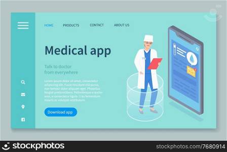 Landing page of medical website. Medical application. Doctor with clipboard near phone with medical app. Income message, results of test. Virtual help, virtual medicine, aid help, web medicine. Landing page of medical website, medical application, doctor near phone with medical application
