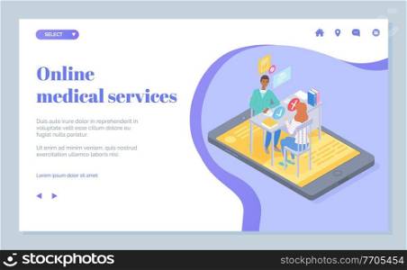 Landing page of medical website. Online medical services. Online consultation doctor with patient through videocall. Physician give advices, writting recipe for woman. Medical app, virtual help. Landing page of medical website, online medical services, online consultation doctor with patient
