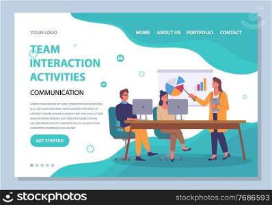 Landing page of team interaction activities. Office staff at table with monoblocks. Woman presenter points to board with pie chart, graphs. User menu, infographic icons. Flat vector illustration. Team Interaction activities site template. Employees interact each other. Analytical data board.