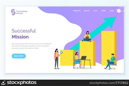 Landing page of the selling site. CEOs, women with laptops, huge surround bar chart, up arrow. Girl with like icon. Customer acquisition, consumer market research. Successful mission. Flat image. Consumer site template, analysis of customer consumer ability. Success mission. Flat vector image