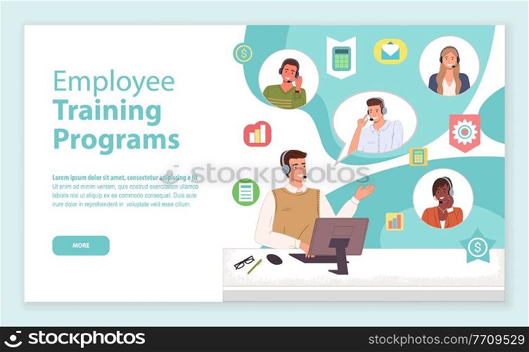 Landing page of website. Employee training programs. Educational programs for new workers. Consultants or operators of call center, hotline. Manager working with novice team using headset and computer. Landing page of website, employee training programs, educational programs for new operators