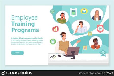 Landing page of website. Employee training programs. Educational programs for new workers. Consultants or operators of call center, hotline. Manager working with novice team using headset and computer. Landing page of website, employee training programs, educational programs for new operators