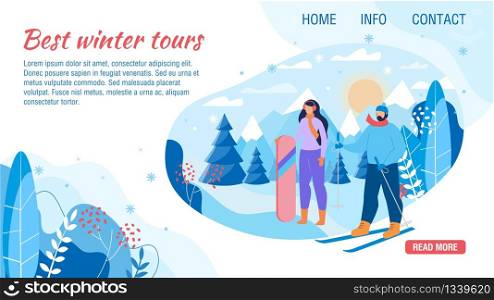 Landing Page Offer Best Winter Tour for Weekends, New Year and Christmas Holidays, Seasonal Vacation. Happy Man and Woman Couple Enjoy Skiing, Snowboarding on Mountain Resort Vector Illustration