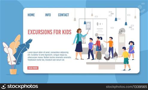 Landing Page Offer Kids Excursions to History Museum. Schoolkids Listen Guide, Watching Medieval Knight Steel Armor and Helmets Exposition. Educational Tour for Children. Vector Illustration