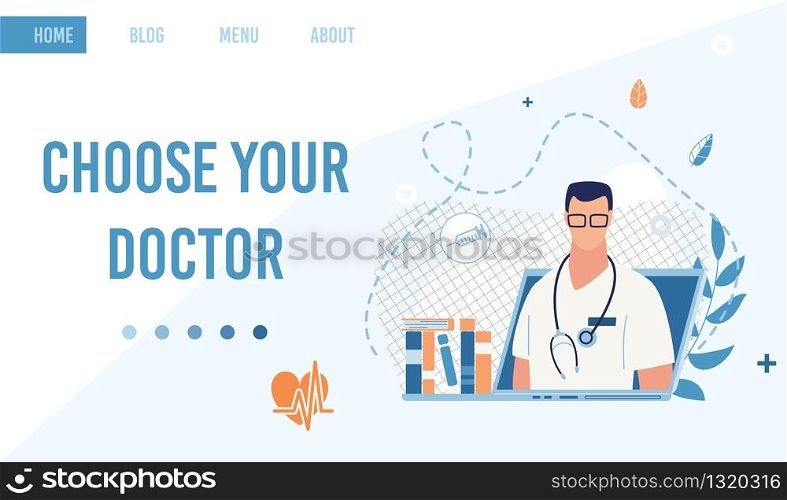 Landing Page Offer Searching Service to Choose Doctor Online. Cartoon Medical Specialist Cardiologist or Therapist, Family Practitioner Male Character Sitting at Workplace. Vector Flat Illustration. Landing Page Offer Service to Choose Doctor Online