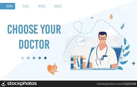 Landing Page Offer Searching Service to Choose Doctor Online. Cartoon Medical Specialist Cardiologist or Therapist, Family Practitioner Male Character Sitting at Workplace. Vector Flat Illustration. Landing Page Offer Service to Choose Doctor Online