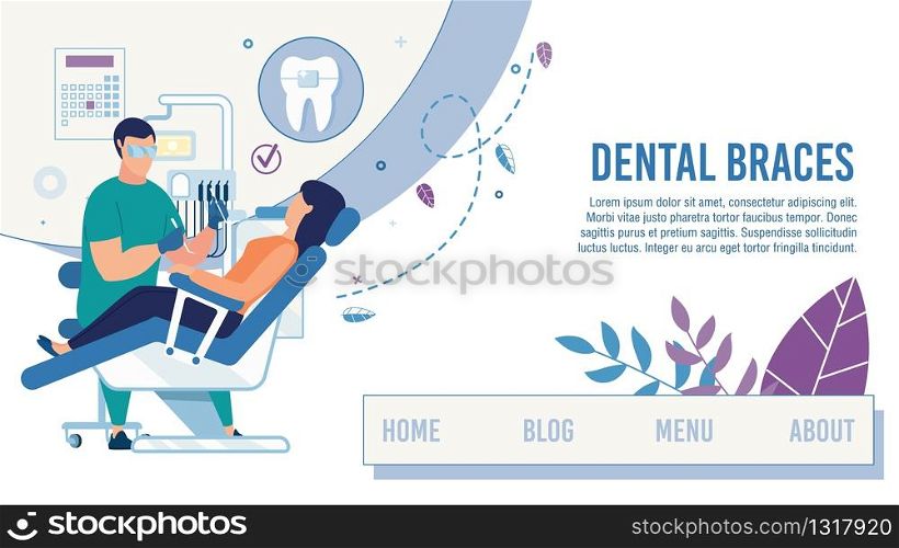 Landing Page Offering Dental Clinic Healthcare Service. Cartoon Dentist Serve Female Client Setting Braces. Dentistry Tooth Care. Stomatological Office. Informational Webpage. Vector Flat Illustration. Landing Page Offering Dental Healthcare Service