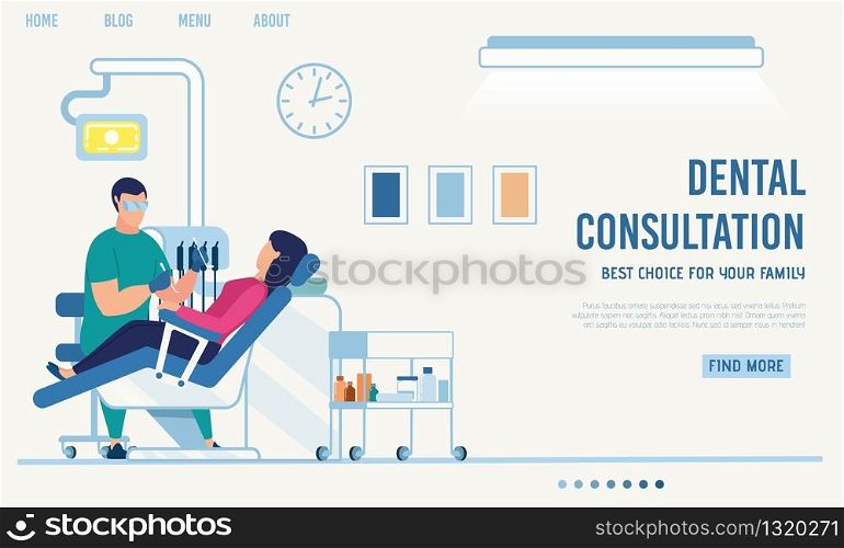 Landing Page Offering Dental Consultation Online. Orthodontist Appointment via Internet. Cartoon Woman Patient on Dentist Checkup. Telemedicine. Vector Room with Medical Equipment Illustration. Landing Page Offering Dental Consultation Online
