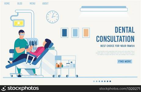 Landing Page Offering Dental Consultation Online. Orthodontist Appointment via Internet. Cartoon Woman Patient on Dentist Checkup. Telemedicine. Vector Room with Medical Equipment Illustration. Landing Page Offering Dental Consultation Online