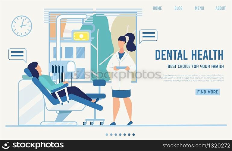 Landing Page Offering Dental Health Family Service. Cartoon Patient Visiting Doctor. Woman and Female Dentist Having Chat. Specialist Giving Medical Consultation. Vector Flat Illustration. Landing Page Offering Dental Health Family Service