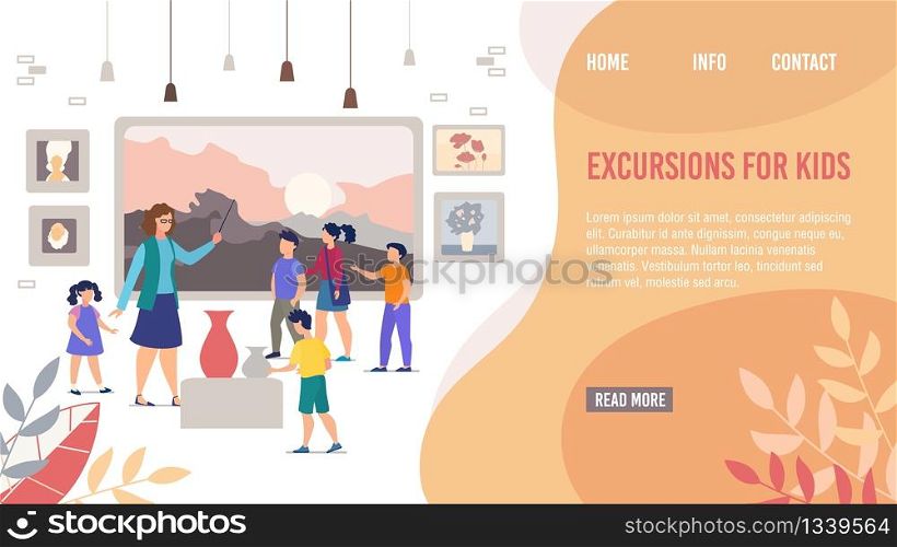 Landing Page Offering Excursions for Kids in Art Museum or Gallery. Guide Telling and Showing People Portraits, Abstract Paintings and Landscapes Pictures of Famous Artists. Vector Illustration