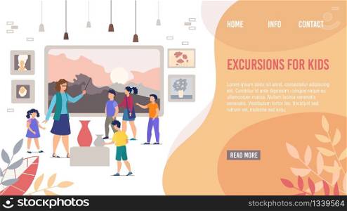 Landing Page Offering Excursions for Kids in Art Museum or Gallery. Guide Telling and Showing People Portraits, Abstract Paintings and Landscapes Pictures of Famous Artists. Vector Illustration