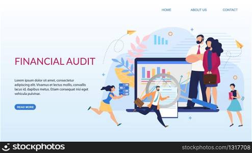 Landing Page Offering Financial Audit Online Service. Marketing Group Analyzing Financial Reports, Doing Finance and Investment Expertise, Searching Business Solution. Vector Flat Illustration. Landing Page Offering Financial Audit Service