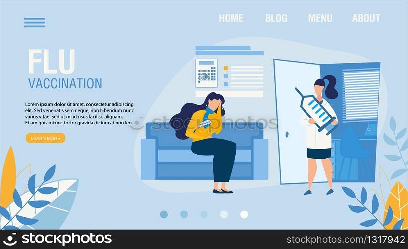 Landing Page Offering Flu Shot Vaccination Service. Cartoon Sick Woman Patient Having Cold and Doctor Character in Uniform Holding Huge Syringe. Telemedicine and Healthcare. Vector Illustration. Landing Page Offering Flu Shot Vaccination Service