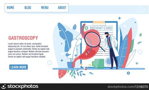 Landing Page Offering Gastroscopy for Medical Checkup Gastrointestinal Tract Functioning. Cartoon Man Gastroenterologist with Magnifying Glass, Patient Card, Endoscope in Stomach. Vector Illustration. Landing Page Offer Gastroscopy for Medical Checkup