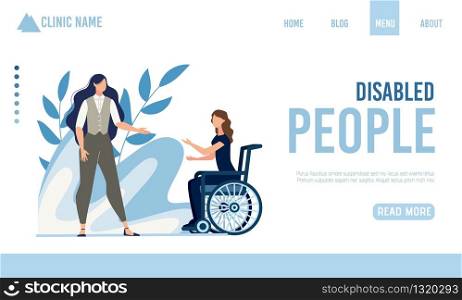 Landing Page Offering Help for Disabled People. Cartoon Woman on Wheelchair Talking to Lady in Formal Suit. Job Hiring Process. Rehabilitation and Recovery. Communication. Vector Flat Illustration. Landing Page Offering Help for Disabled People