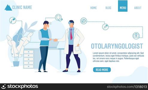 Landing Page Offering Otolaryngologist Help Order. Adult Man Patient Suffering from Ear Pain Visiting ENT Doctor. Cartoon People Characters and Medical Services. Vector Flat Illustration. Landing Page Offering Otolaryngologist Help Order