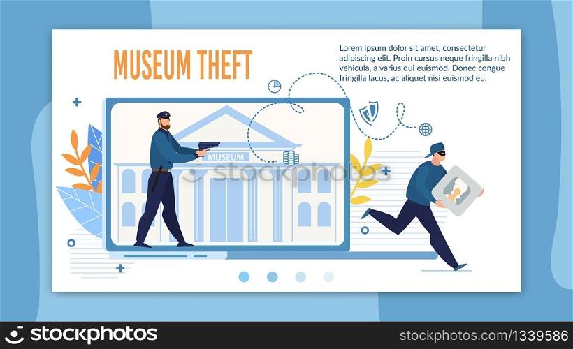 Landing Page Offering Qualified Museum Theft Protection. Detected Robber Security Alarm System Promotion. Digital Surveillance. Police Officer with Gun Detecting Burglar Stolen Picture Portrait