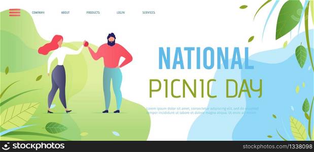 Landing Page Offering Rest on National Picnic Day. Flat Banner Template with Dancing an Having Fun Married Couple or Diverse Friends on Natural Landscape. Vector Illustration with Gradient Space. Landing Page Offering Rest on National Picnic Day