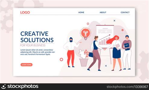 Landing Page Offers Creative Solution for Business. Cartoon People Characters Working and Communicating in Friendly Open Space Workplace. Coworking, Optimisation and Development. Vector Illustration. Landing Page Offers Creative Solution for Business