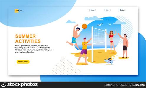 Landing Page Offers Organization Summer Activities. Cartoon People Playing Beach Volleyball. Friends Throwing Ball over Net. Vector Flat Illustration. Holidays and Vacation. Happy Summertime. Landing Page Offers Organization Summer Activities