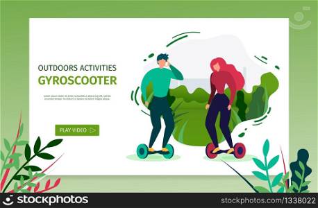 Landing Page Offers Spend Time on Gyroscooter. Outdoor Activity and Summer Recreation. Sport and Leisure. Cartoon Couple Riding in Park. Vector Flat Illustration. Healthy Lifestyle Presentation Slide. Landing Page Offers Spend Time on Gyroscooter