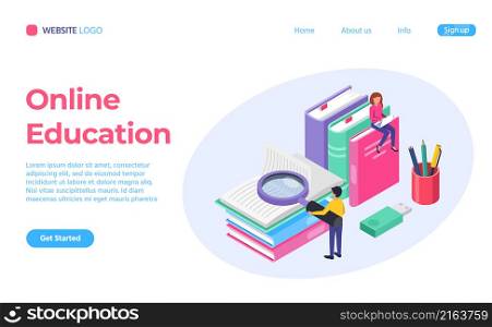Landing page online education isometric 3d style. Vector education online study, training and e-learning illustration. Landing page online education isometric 3d style