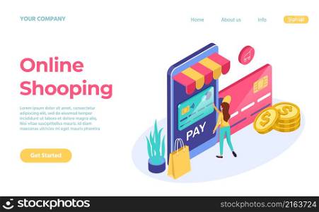 Landing page online shopping isometric 3d style. Vector online business isometric store, internet shop and e-commerce illustration. Landing page online shopping isometric 3d style