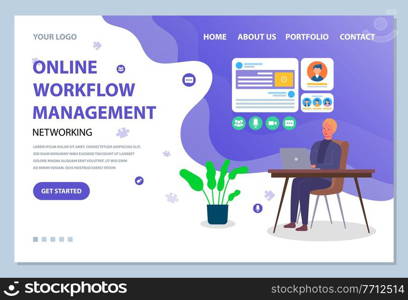 Landing page online workflow management. Blond man sitting at table with laptop, webinar or online conference on background. Infographic business icons. Cozy modern office. Flat vector illustration. Website management template. The man at table, office worker, manager, online workflow management