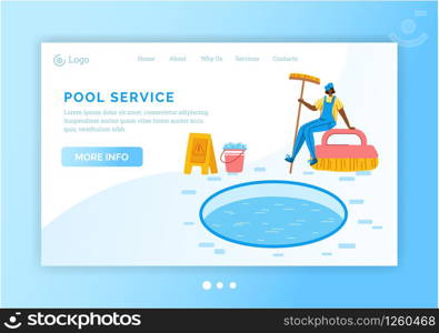 Landing page - Pool maintenance or cleaning service, girl clean swimming pool with brush and soap, tool for pool servicing, worker with equipment - flat vector for website, landing page, banner. swimming pool searvcice flat concept