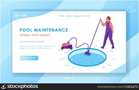 Landing page pool maintenance or cleaning service, girl in uniform clean water with vacuum cleaner, tool for pool servicing reparing, worker with equipment - flat vector for website, landing, banner. swimming pool searvcice flat concept