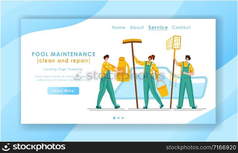 Landing page - Pool maintenance or cleaning service, group of miniature people in uniform, cleaning products for swimming pool, workers with equipment - test water, net, broom, flat vector for website. swimming pool searvcice flat concept