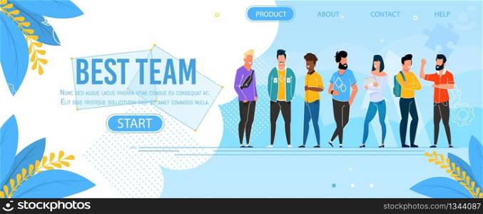 Landing Page Presenting Business Group Best Team. Teamwork and Professional Partnership Metaphor. Cartoon Multi-Ethnic Office Managers. Vector Corporate Seminar, Training Advertising Flat Illustration. Landing Page Presenting Business Group Best Team