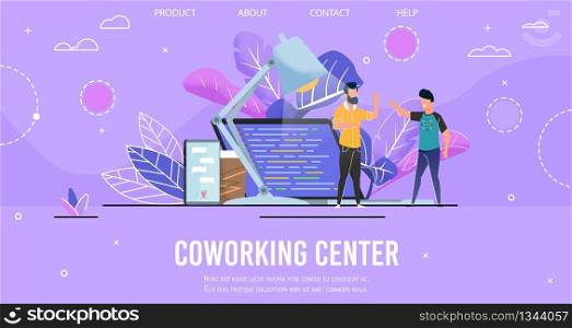 Landing Page Presenting Modern Coworking Center. Two Men, Business People, Office Managers Standing by Huge Open Laptop, Phone and Takeaway Cup of Coffee. Vector Shared Environment Illustration. Landing Page Presenting Modern Coworking Center