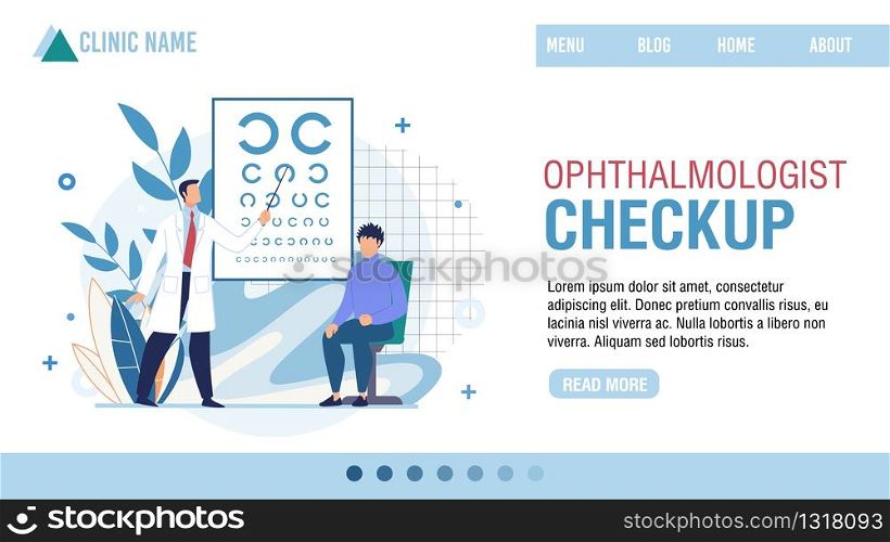 Landing Page Presenting Ophthalmologist Clinic. Professional Optician Checkup. Cartoon Ophthalmologist Testing Patient Eyesight Vision, Eyeglasses Selection. Vector Cartoon Illustration. Landing Page Presenting Ophthalmologist Clinic