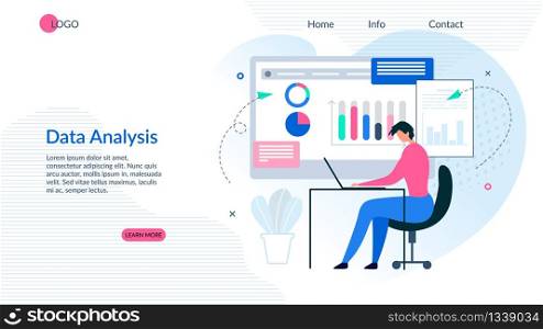 Landing Page Presents Effective Data Analysis App. Analytics Results Visualization on Interactive Whiteboard and Modern NFC Technology. Man Working with Graphs and Charts on PC. Vector Illustration. Landing Page Presents Effective Data Analysis App