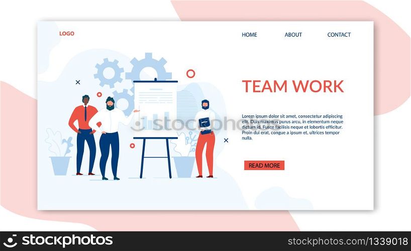 Landing Page Presents Teamwork and Collaboration Benefits. Cartoon Multiracial Male Characters Showing Startup Plan and Business Strategy on Dashboard. Vector Contemporary Management Flat Illustration. Teamwork and Collaboration Benefits Landing Page