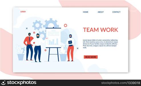 Landing Page Presents Teamwork and Collaboration Benefits. Cartoon Multiracial Male Characters Showing Startup Plan and Business Strategy on Dashboard. Vector Contemporary Management Flat Illustration. Teamwork and Collaboration Benefits Landing Page