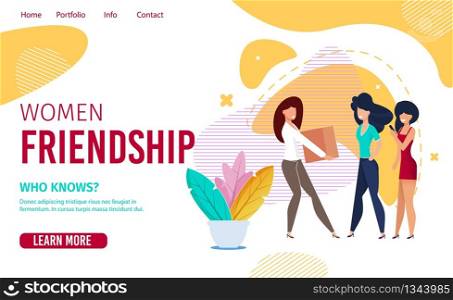 Landing Page Promotes Female Friends Communication. Cartoon Woman Characters Chatting, Doing Online Shopping via Phone. Warm Human Relations. Girls Secretes. Common Interests. Vector Flat Illustration. Landing Page Promotes Female Friends Communication